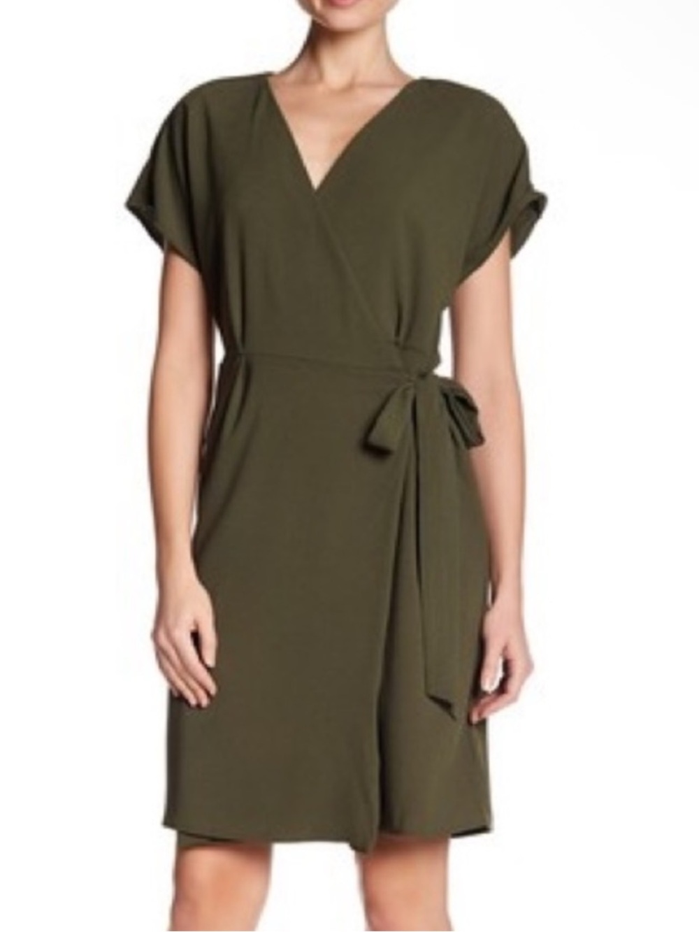 Bobeau Olive Crepe Wrap Dress